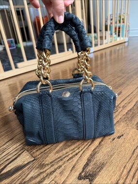 henri bendel Black Textured Mini Satchel with Gold Chain Handles
